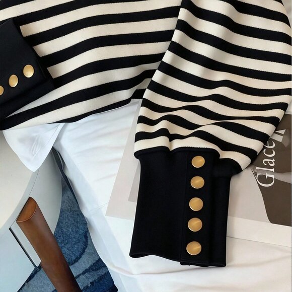 Black And White Casual Loose Fit Striped Women's Crew Neck Pullover Sweatshirt - Picture 5 of 5